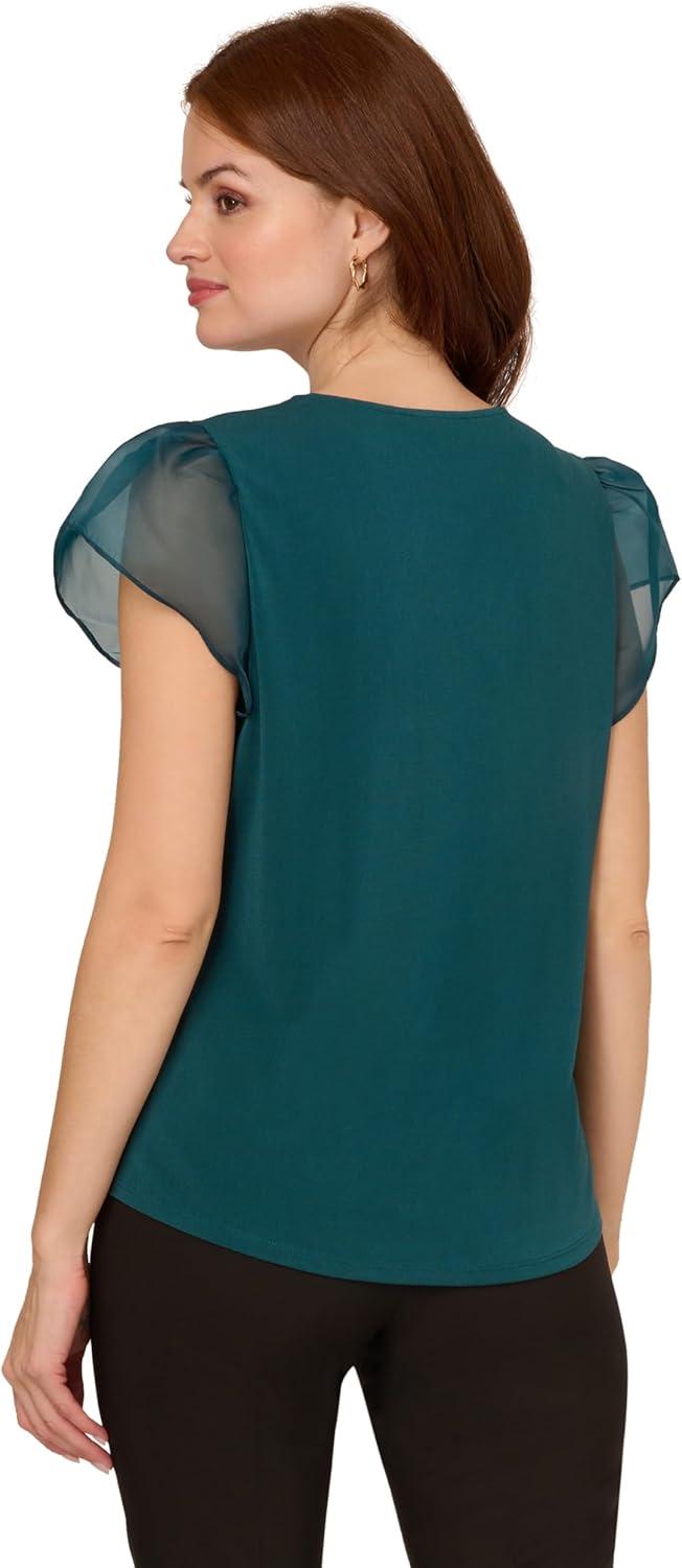 imageAdrianna Papell Womens VNeck Knit Top with Organza Flutter SleevesEvergreen