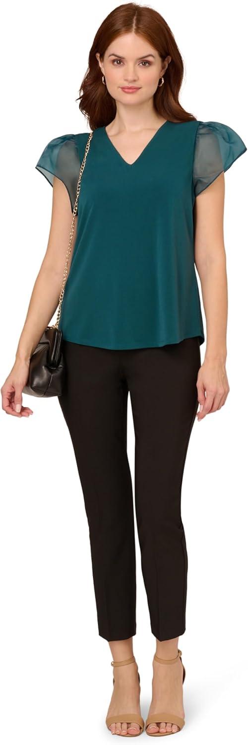 imageAdrianna Papell Womens VNeck Knit Top with Organza Flutter SleevesEvergreen
