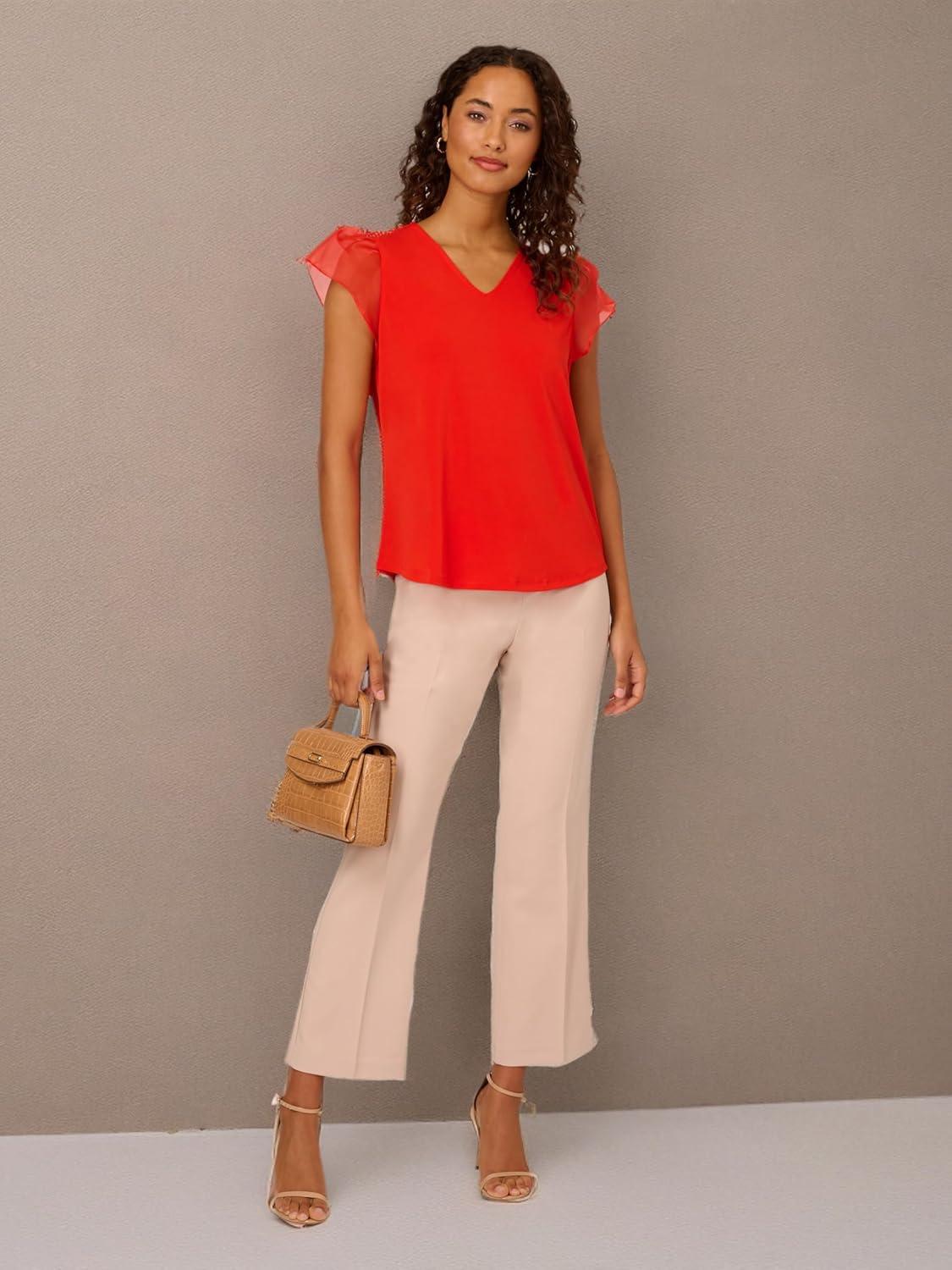 imageAdrianna Papell Womens VNeck Knit Top with Organza Flutter SleevesFiery Red