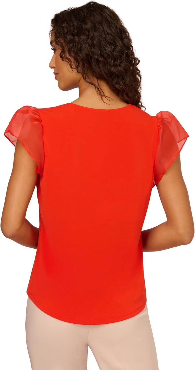 imageAdrianna Papell Womens VNeck Knit Top with Organza Flutter SleevesFiery Red