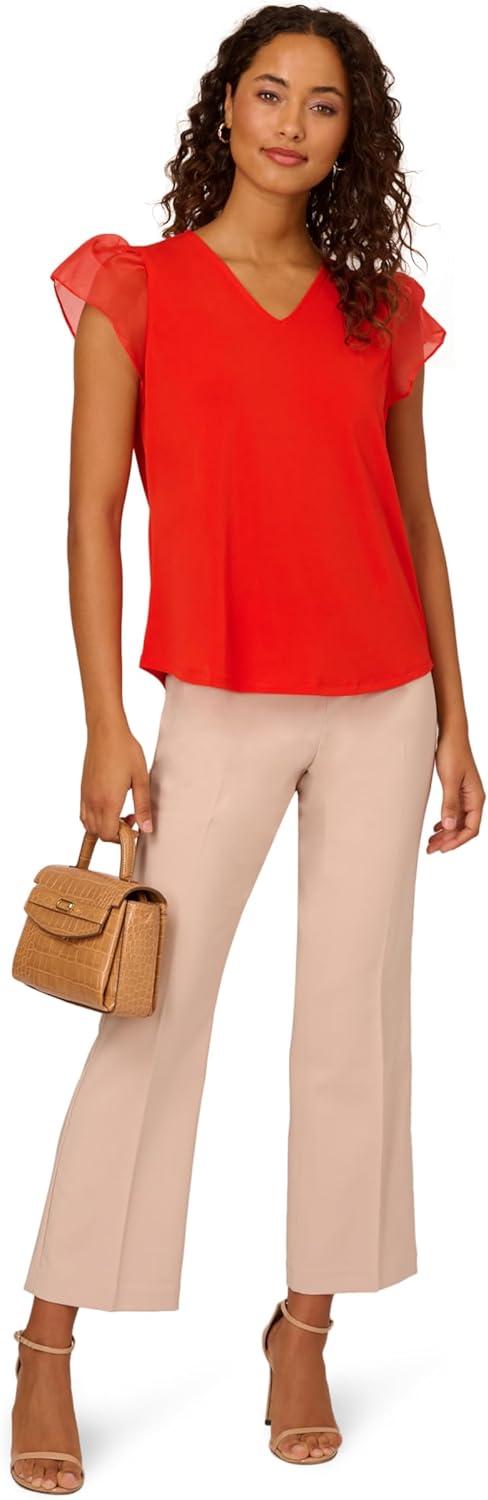 imageAdrianna Papell Womens VNeck Knit Top with Organza Flutter SleevesFiery Red