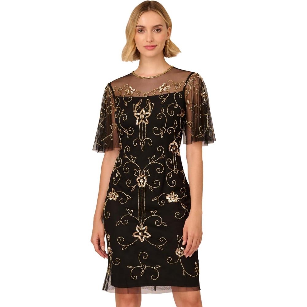 imageAdrianna Papell Womens Beaded Illusion Neck DressBlackGold