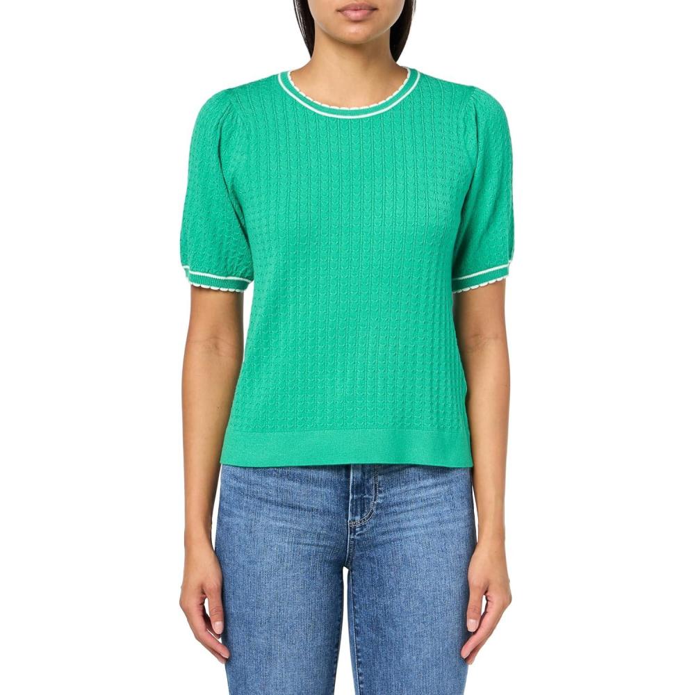 imageAdrianna Papell Womens Crew Neck Cable Scalloped Edge Tipped Short Sleeve SweaterSimply GreenIvory