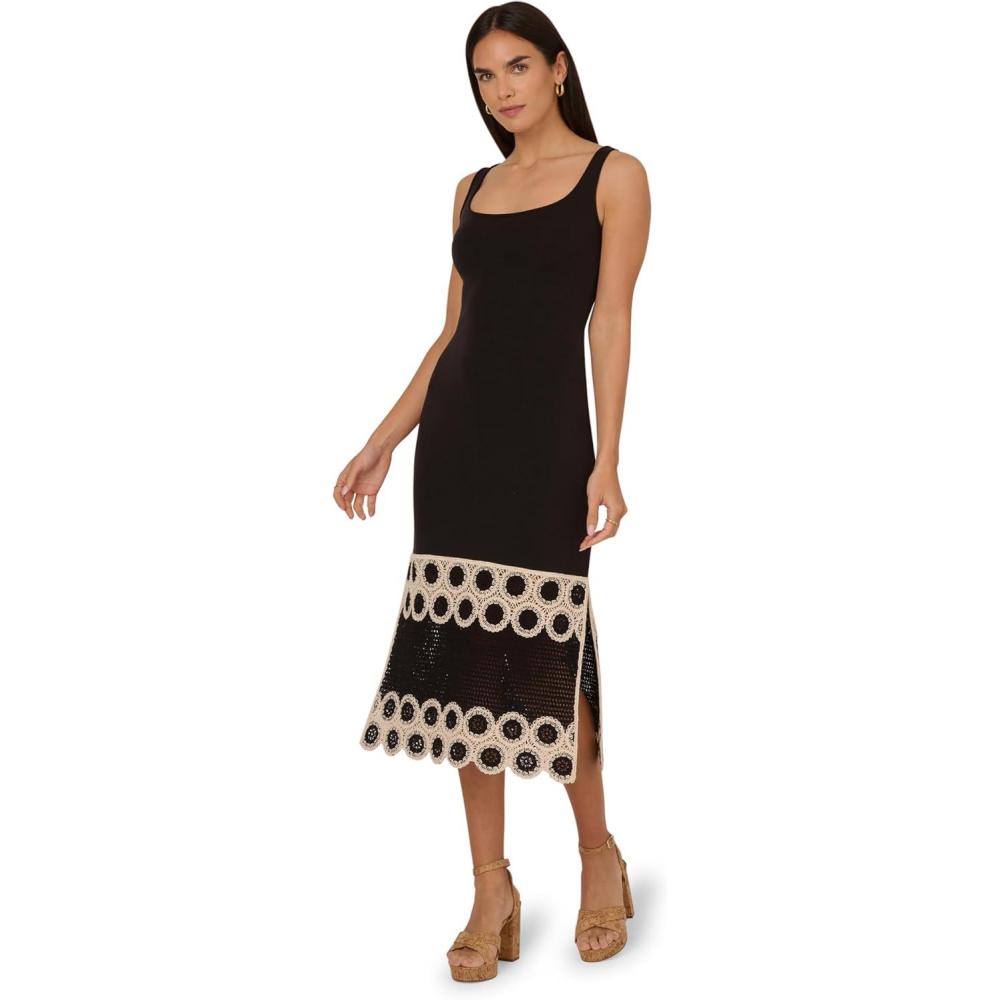 imageAdrianna Papell Womens Crochet Sheath Midi DressBlackEcru