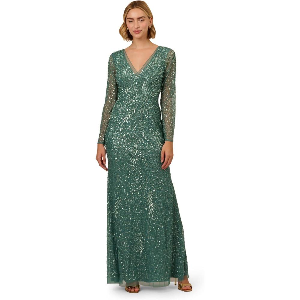 imageAdrianna Papell Womens Long Sleeve Bead Long DressGreen Slate