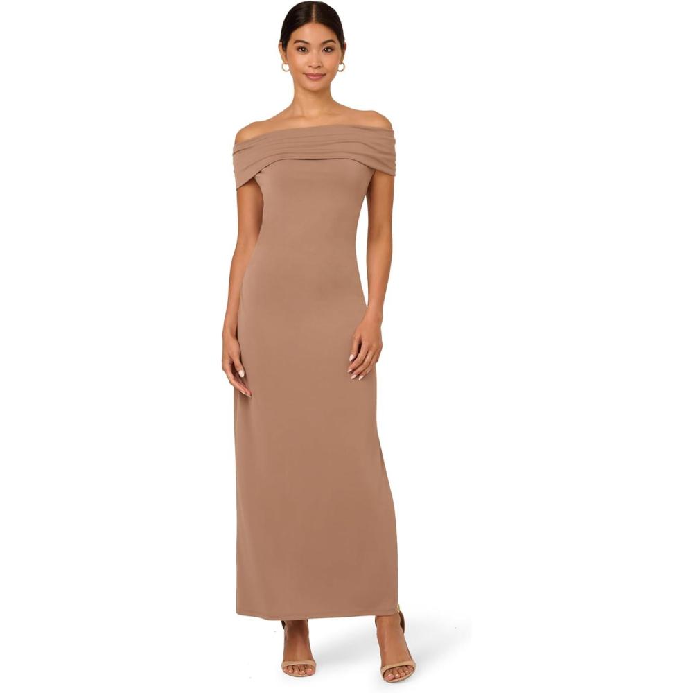 imageAdrianna Papell Womens Off Shoulder Long DressTaupe