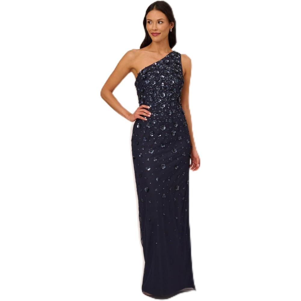 imageAdrianna Papell Womens One Shoulder Beaded DressDusty Navy