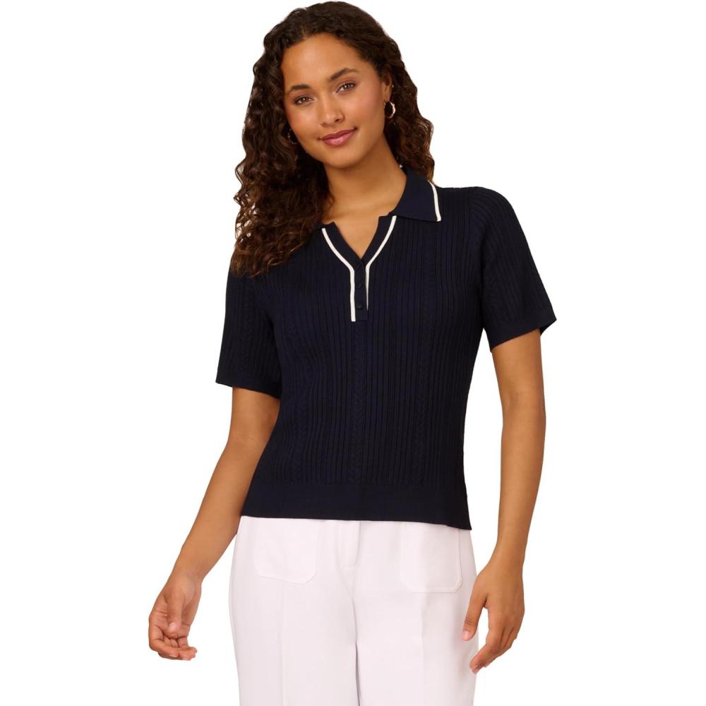 imageAdrianna Papell Womens Open VNeck Polo Mix Rib Cable Sweater with Short SleevesNavyIvory