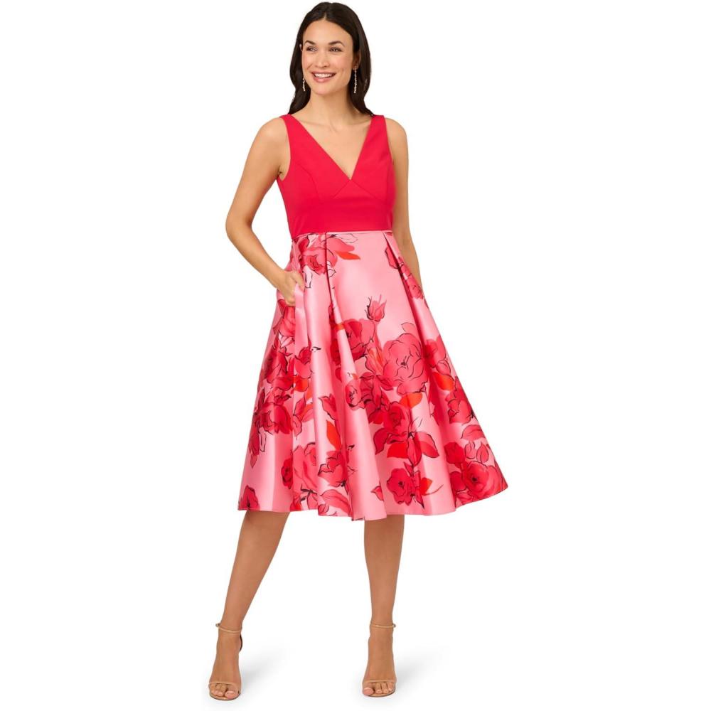 imageAdrianna Papell Womens Printed Midi DressPinkRed Multi