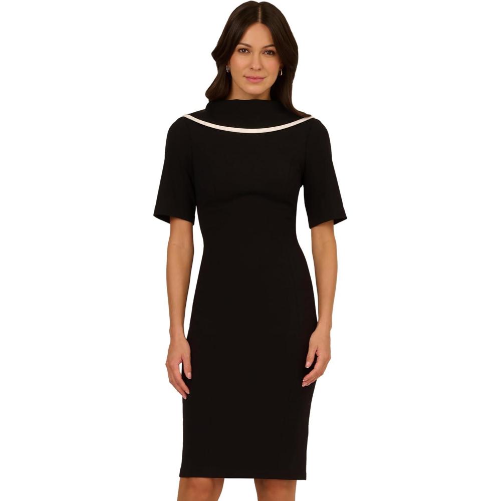 imageAdrianna Papell Womens Roll Neck Sheath with V BackBlackIvory