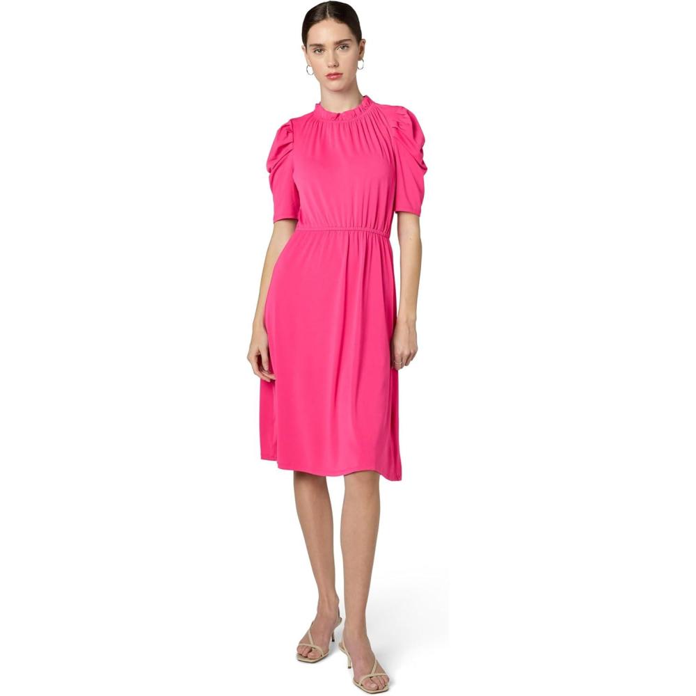 imageAdrianna Papell Womens Solid Knit Ruffle Neck Pleated Sleeve Midi DressAzalea Pink