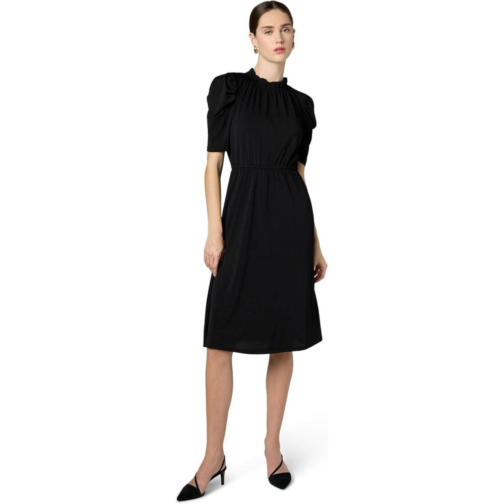 imageAdrianna Papell Womens Solid Knit Ruffle Neck Pleated Sleeve Midi DressBlack