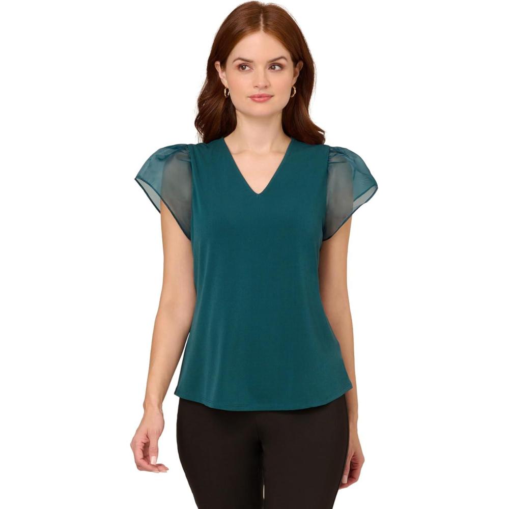 imageAdrianna Papell Womens VNeck Knit Top with Organza Flutter SleevesEvergreen