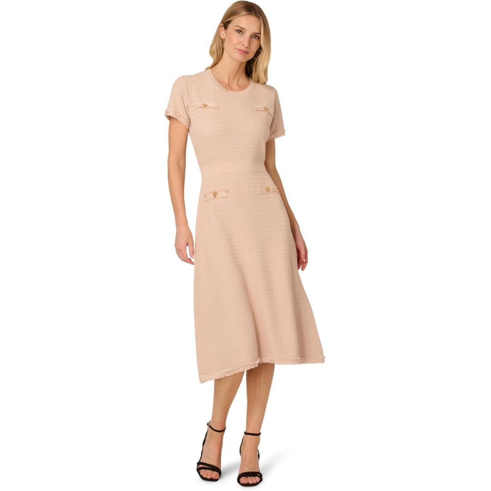 imageAdrianna Papell Womens Waffle Textured Fit and Flare Midi Sweater with Mock PocketsChampagne Blush