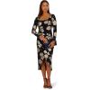 Adrianna Papell Long Sleeve Stretch Metallic Rose Floral Midi Dress