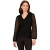 Adrianna Papell Womens V Neck 3/4 Woven Bubble Sleeve Sweater(Black)