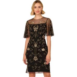 Adrianna Papell Women’s Beaded Illusion Neck Dress(Black/Gold)