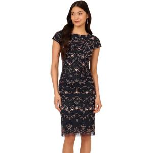 Adrianna Papell Womens Beaded Sheath Dress(Navy/Rosegold)