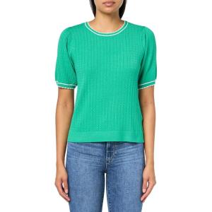 Adrianna Papell Women’s Crew Neck Cable Scalloped Edge Tipped Short Sleeve Sweater(Simply Green/Ivory)