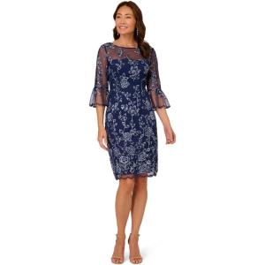 Adrianna Papell Womens Embroidered Bell Sleeve Dress(Midnight Multi)
