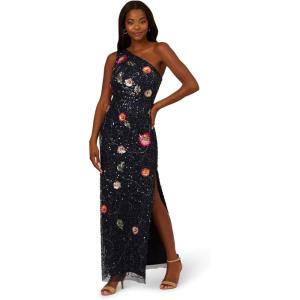 Adrianna Papell Womens One Shoulder Bead Dress(Navy Multi)