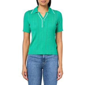 Adrianna Papell Women’s Open V-Neck Polo Mix Rib Cable Sweater with Short Sleeves(Simply Green/Ivory)