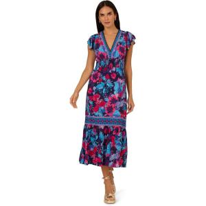 Adrianna Papell Womens Printed Midi Dress(Navy/Pink Multi)