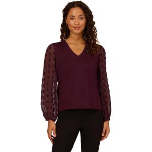 Adrianna Papell Womens V Neck 3/4 Woven Bubble Sleeve Sweater(Plum)