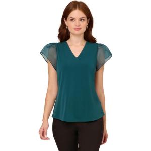 Adrianna Papell Women’s V-Neck Knit Top with Organza Flutter Sleeves(Evergreen)