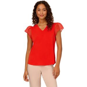 Adrianna Papell Women’s V-Neck Knit Top with Organza Flutter Sleeves(Fiery Red)