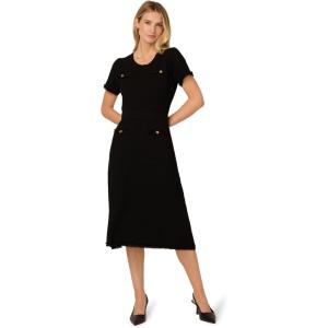 Adrianna Papell Women’s Waffle Textured Fit and Flare Midi Sweater with Mock Pockets(Black)