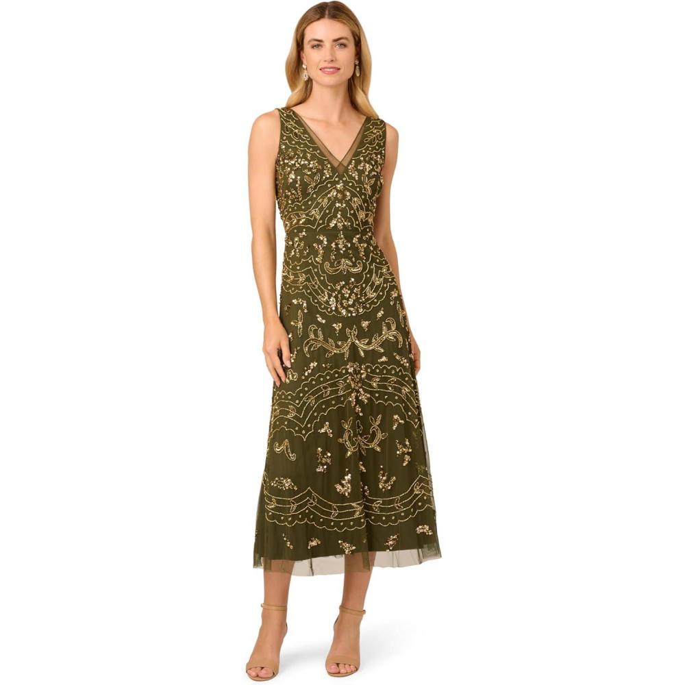 imageAdrianna Papell Womens Beaded Ankle Length DressOlive