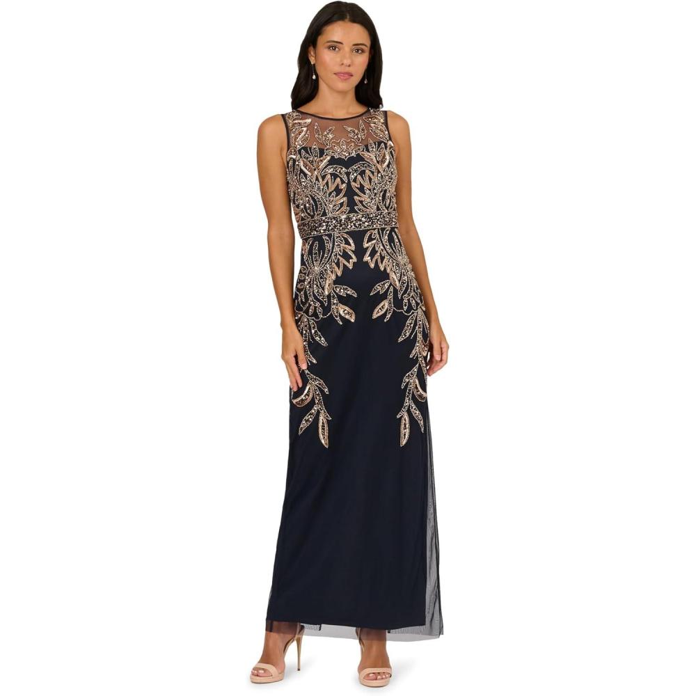 imageAdrianna Papell Womens Beaded Column Long DressNavyRosegold