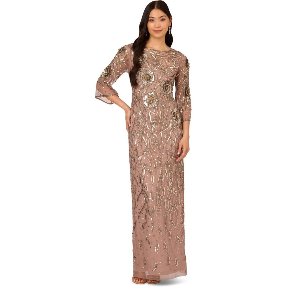 imageAdrianna Papell Womens Beaded Mesh Long DressStone