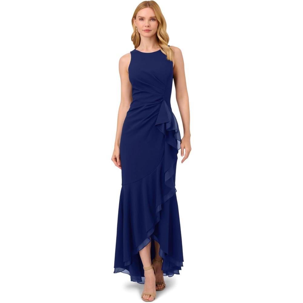 imageAdrianna Papell Womens Ruffle Crepe Halter GownNavy Sateen