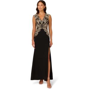 Adrianna Papell Women’s Beaded Crepe Long Dress, Black