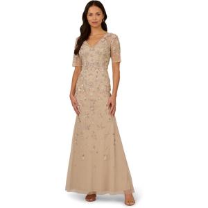 Adrianna Papell Womens Beaded Mesh Long Dress(Biscotti)