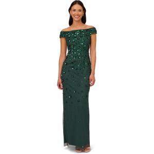 Adrianna Papell Women’s Off Shoulder Beaded Gown(Dusty Emerald)