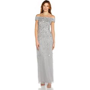Adrianna Papell Women’s Off Shoulder Beaded Gown(Silver Mist)