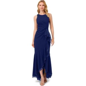 Adrianna Papell Women’s Ruffle Crepe Halter Gown(Navy Sateen)