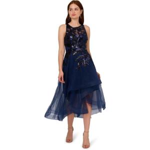 Adrianna Papell Women’s Sequin Combo High-Low Dress(Navy/Black)