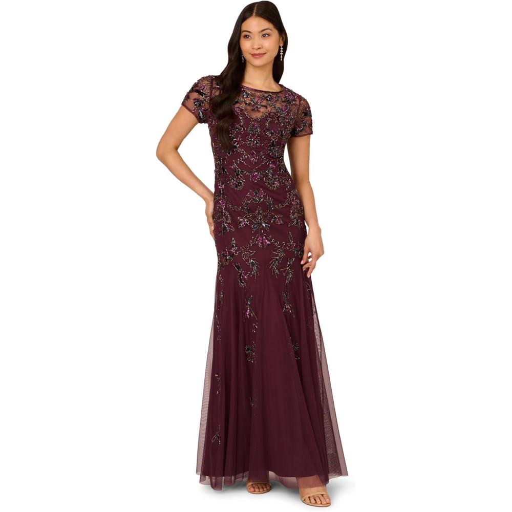 imageAdrianna Papell Womens Beaded Godet Long DressDeep Amethyst