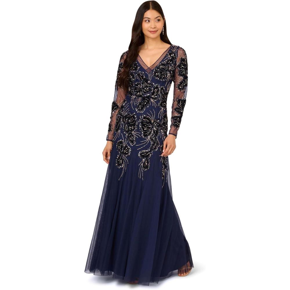 imageAdrianna Papell Womens Beaded Mesh Velvet Long DressLight Navy