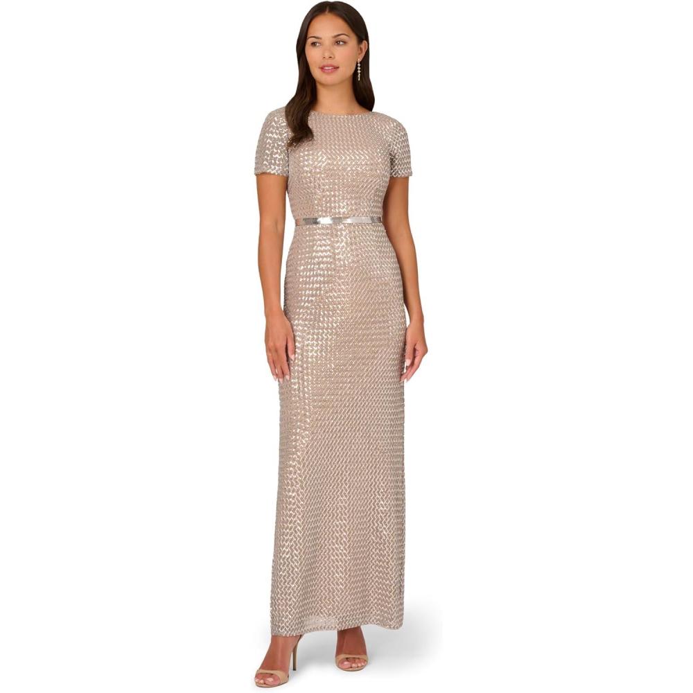 imageAdrianna Papell Womens Column Sequin GownSilverNude
