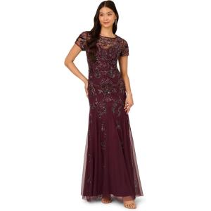 Adrianna Papell Womens Beaded Godet Long Dress(Deep Amethyst)