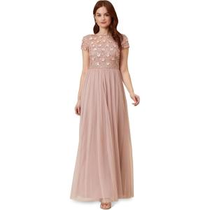 Adrianna Papell Womens Floral Beaded Top with Tulle(Steel Rose)