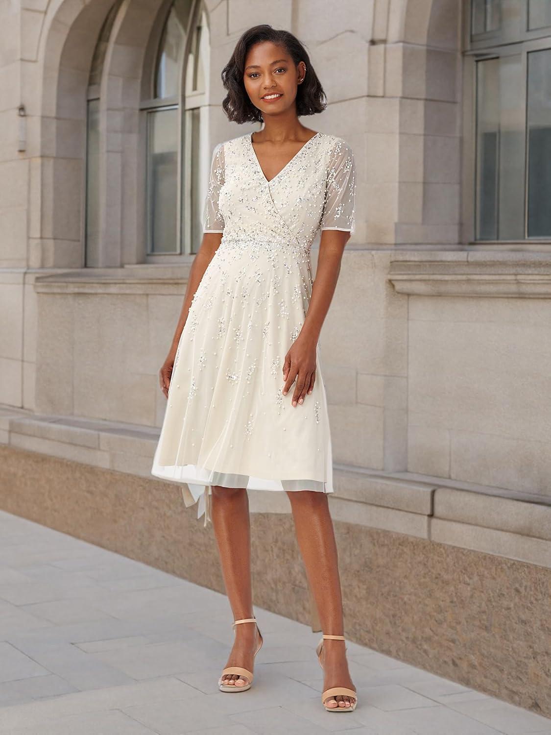 imageAdrianna Papell Womens Beaded Tea Length DressIvoryPearl