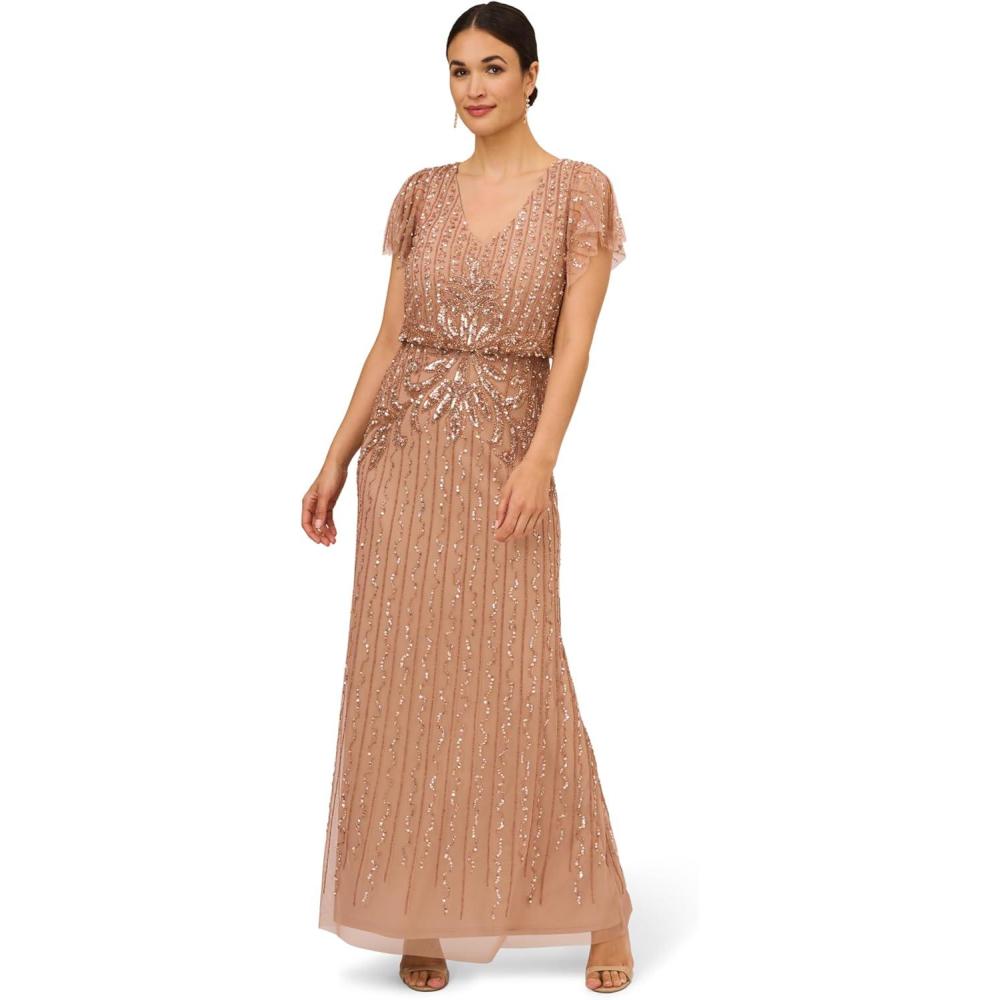 imageAdrianna Papell Womens Beaded Blouson Long Dress Rose Gold 8