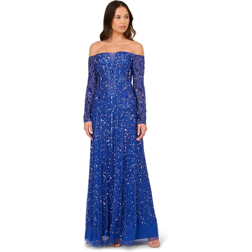 imageAdrianna Papell Womens Beaded Off Shoulder GownBrilliant Sapphire