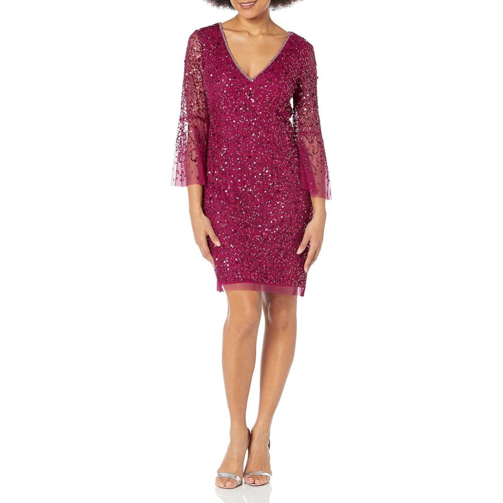 imageAdrianna Papell Womens Beaded Sequin Bell Sleeve DRSRaspberry Wine